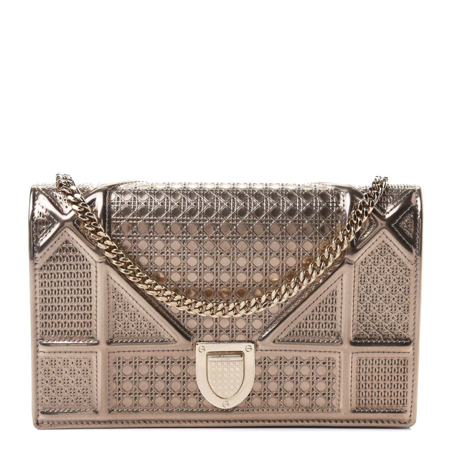 Christian Dior Metallic Patent Micro-Cannage Diorama Wallet on Chain Pouch Gold 1 of 4