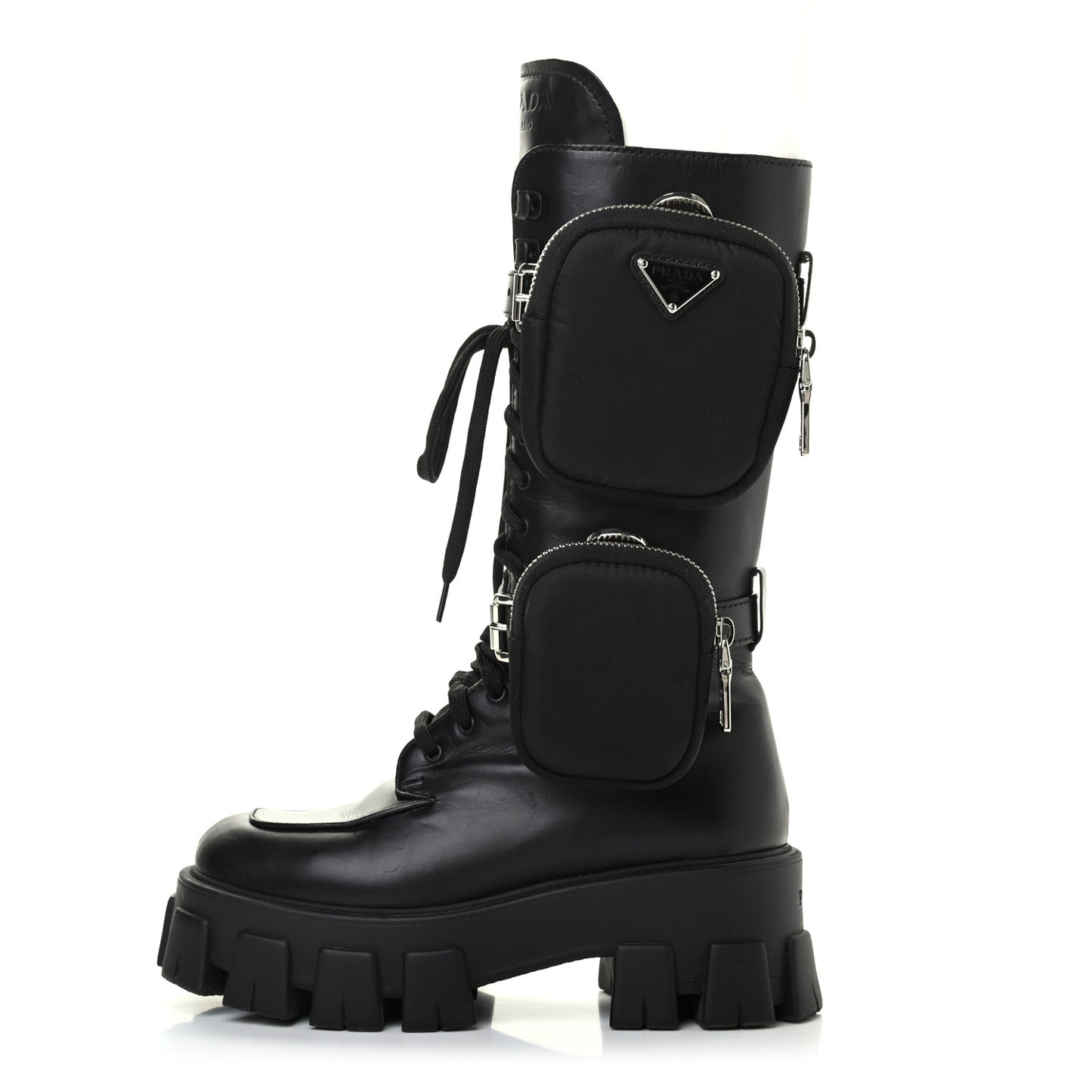 Vitello Lux Nylon Metal Triangle Logo Monolith Pouch Pocket 55mm Tall Combat Boots 35 Black