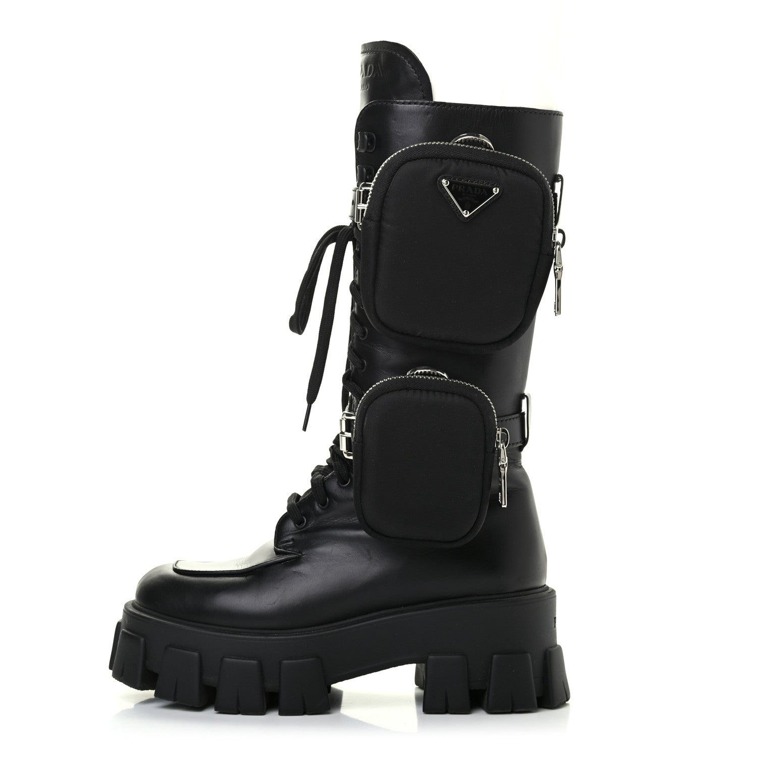 Prada Vitello Lux Nylon Metal Triangle Logo Monolith Pouch Pocket 55mm Tall Combat Boots 35 Black 1 of 8