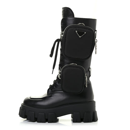 Prada Vitello Lux Nylon Metal Triangle Logo Monolith Pouch Pocket 55mm Tall Combat Boots 35 Black 1 of 8