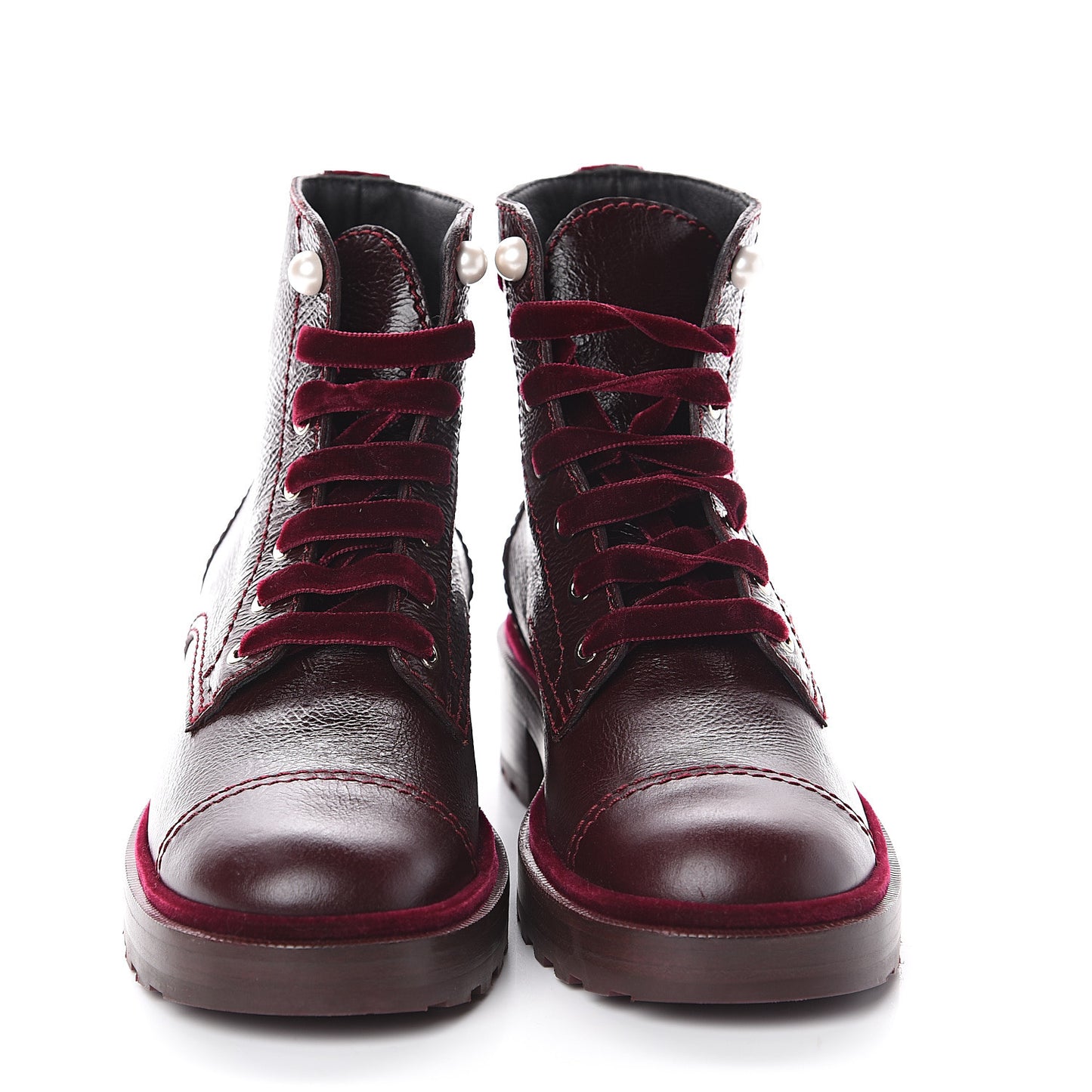 Calfskin Velvet Pearl Combat Short Boots 39.5 Burgundy