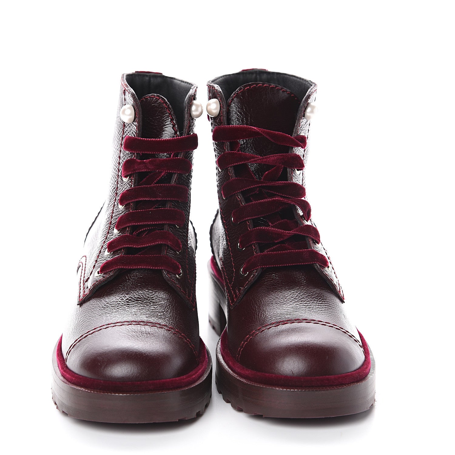 Chanel Calfskin Velvet Pearl Combat Short Boots 39.5 Burgundy 2 of 7
