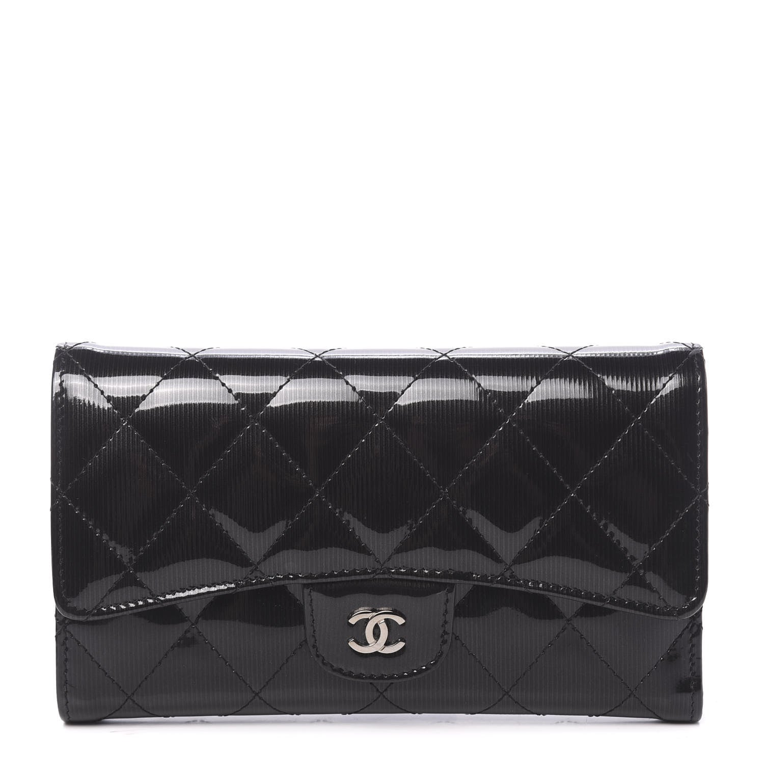 Chanel Patent Striped Quilted Large Flap Wallet Black 1 of 9