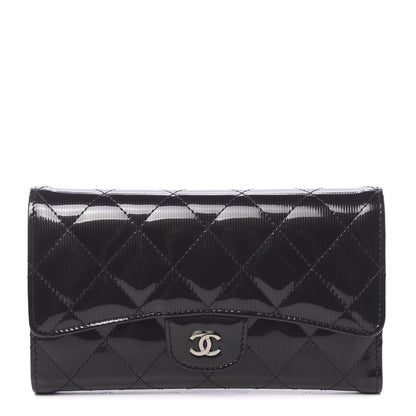 Chanel Patent Striped Quilted Large Flap Wallet Black 1 of 9