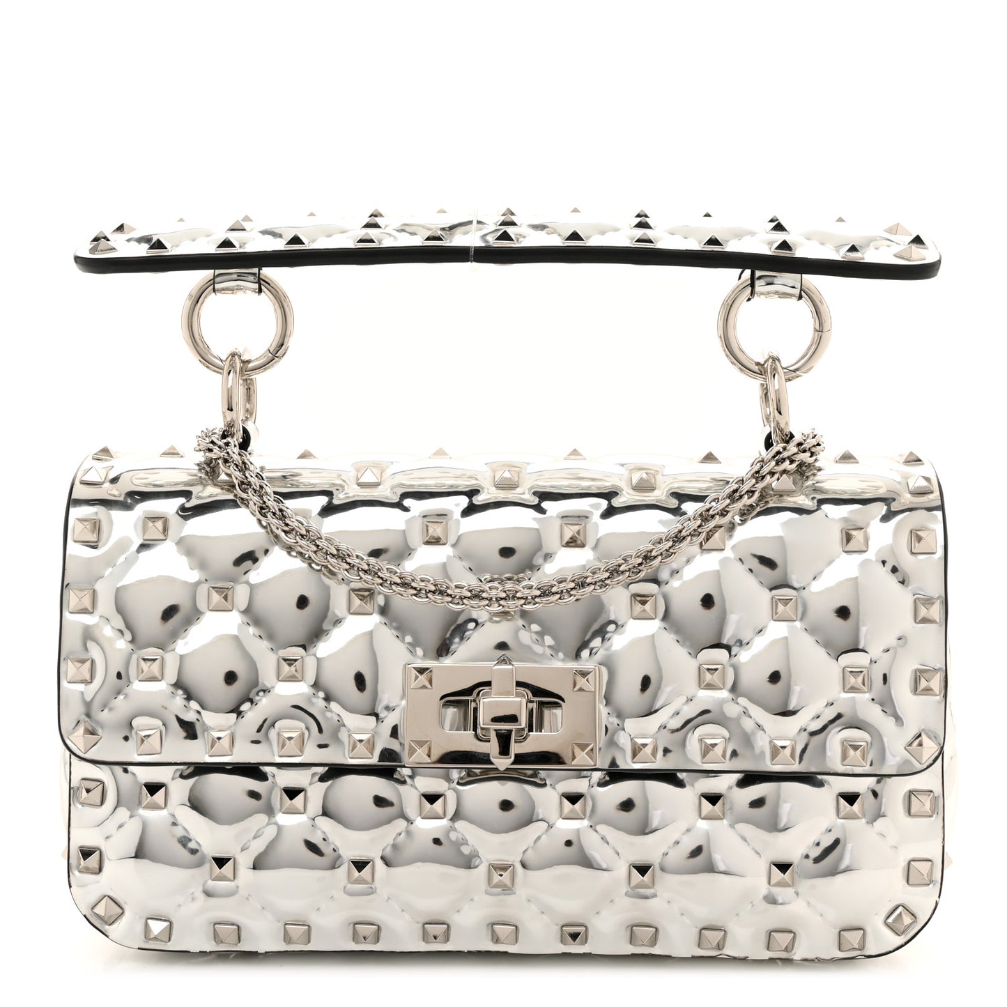 Metallic Patent Quilted Small Rockstud Spike Shoulder Bag Silver