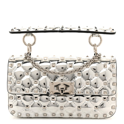 Valentino Garavani Metallic Patent Quilted Small Rockstud Spike Shoulder Bag Silver 1 of 9