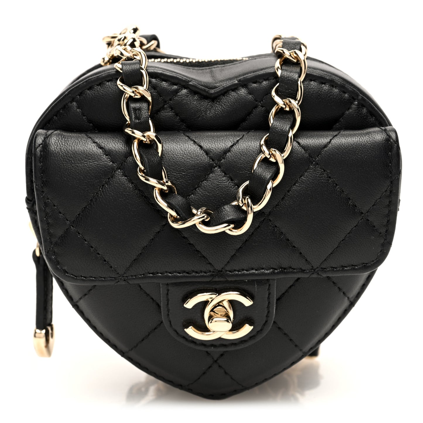 Lambskin Quilted CC In Love Heart Waist Belt Bag With Chain Black