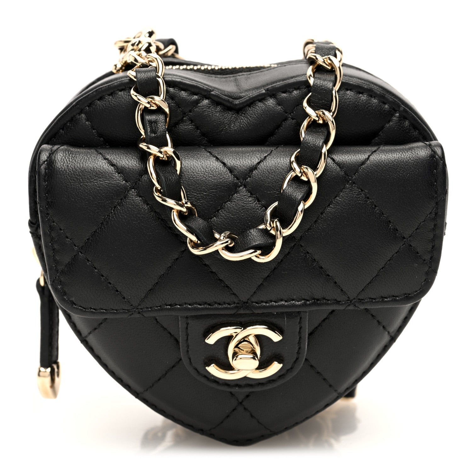 Chanel Lambskin Quilted CC In Love Heart Waist Belt Bag With Chain Black 1 of 10