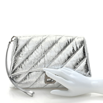 Balenciaga Metallic Calfskin Quilted Medium Crush Pochette Clutch Silver 2 of 6
