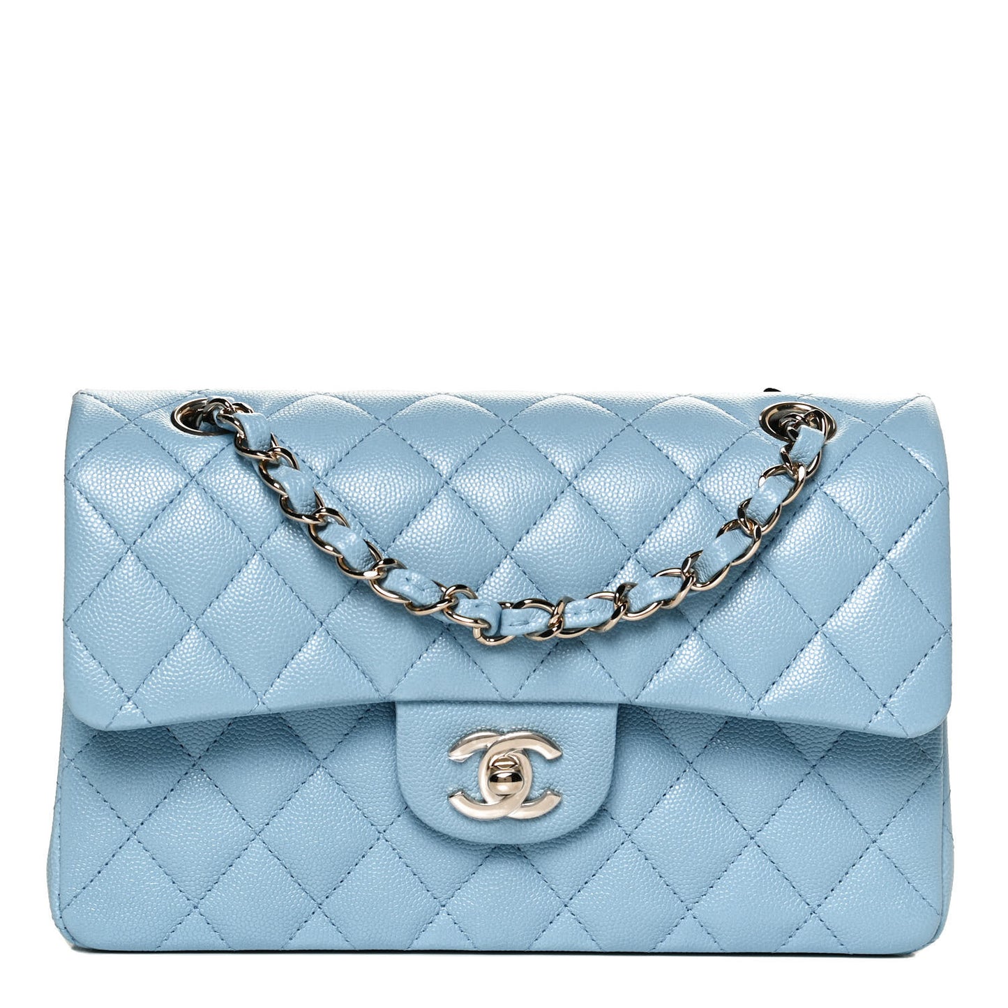 Caviar Quilted Small Double Flap Light Blue