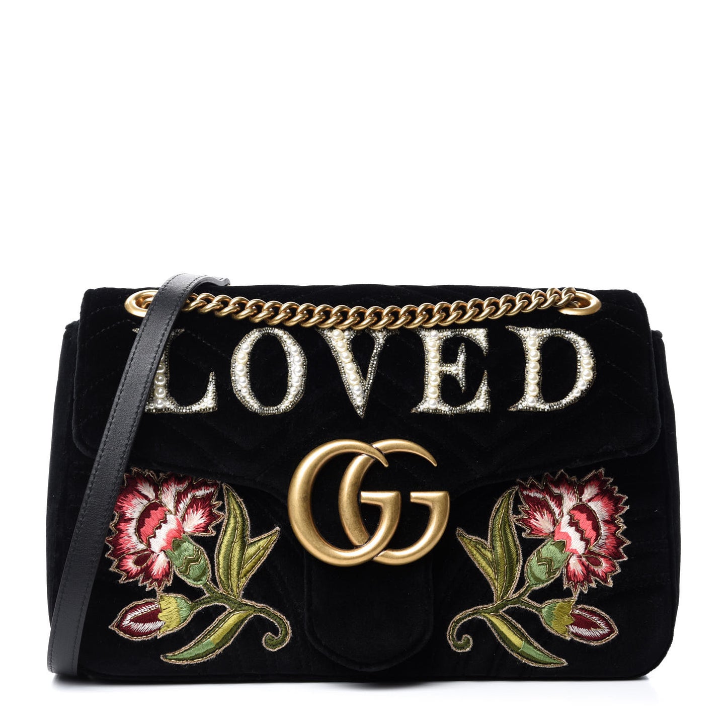 Velvet Matelasse Loved Embroidered Medium GG Marmont Shoulder Bag Black