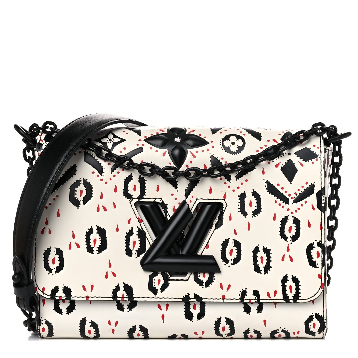 Calfskin Graphic Print Twist Shoulder Bag MM White Black