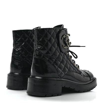 Chanel Shiny Calfskin Quilted Lace Up Combat Boots 38 Black 4 of 9