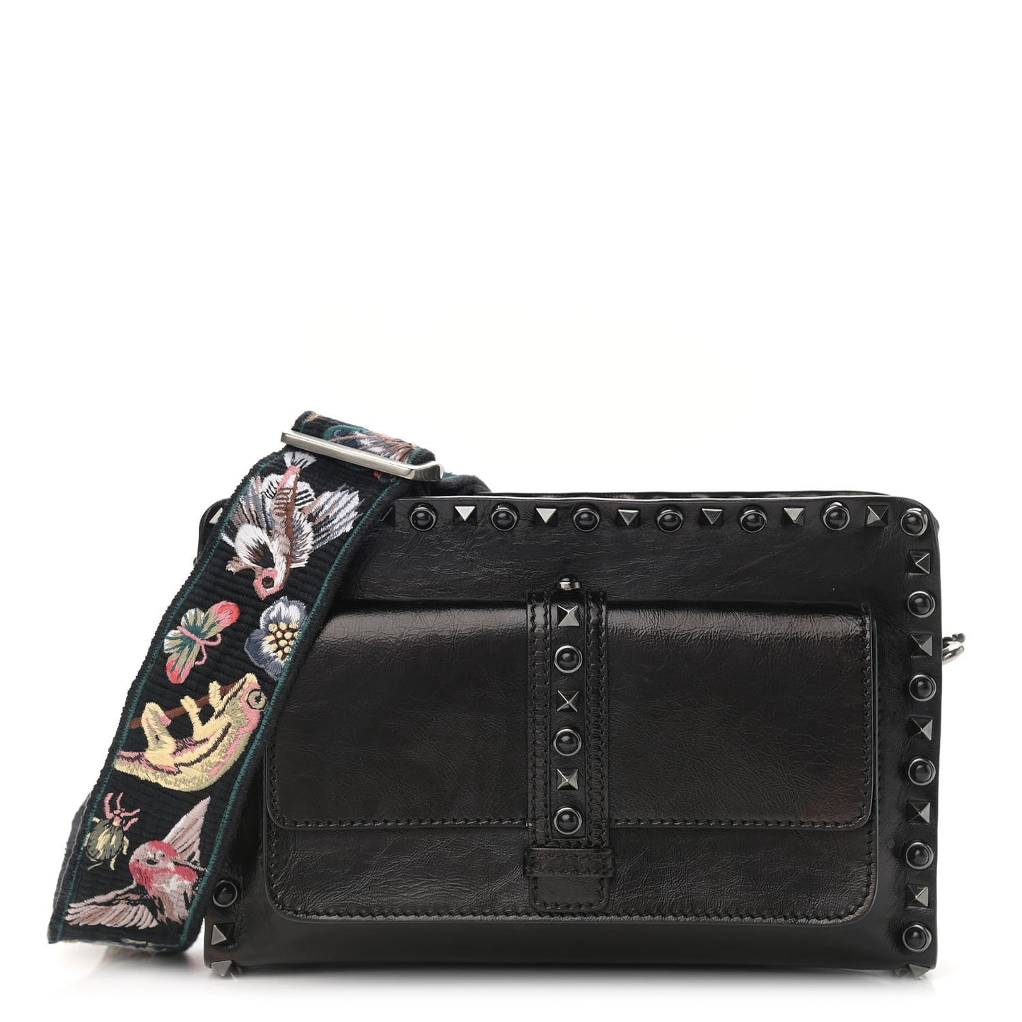 Craquele Calfskin Small Guitar Strap Rockstud Rolling Flap Pocket Shoulder Bag Black