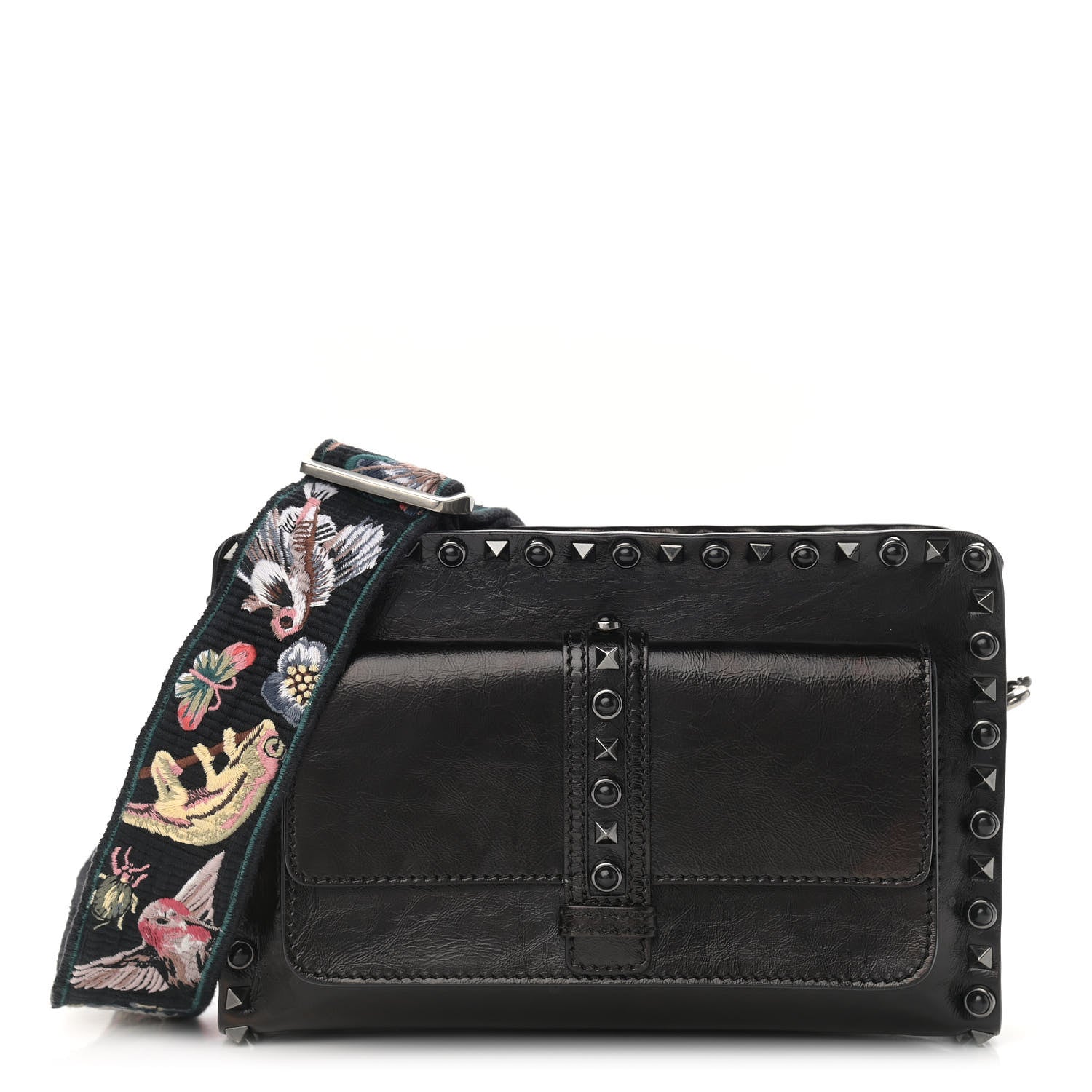 Valentino Garavani Craquele Calfskin Small Guitar Strap Rockstud Rolling Flap Pocket Shoulder Bag Black 1 of 11
