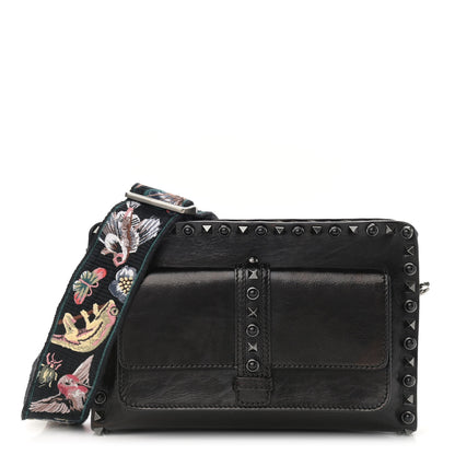 Valentino Garavani Craquele Calfskin Small Guitar Strap Rockstud Rolling Flap Pocket Shoulder Bag Black 1 of 11
