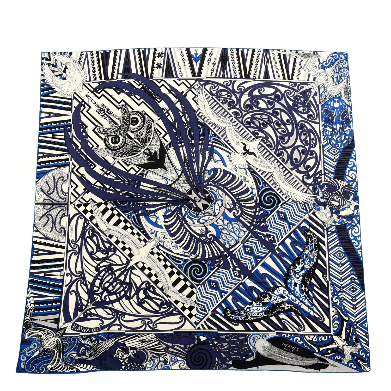 Hermes Cashmere Silk Kawa Ora Shawl 140 Marine Blanc Bleu Electrique 1 of 5
