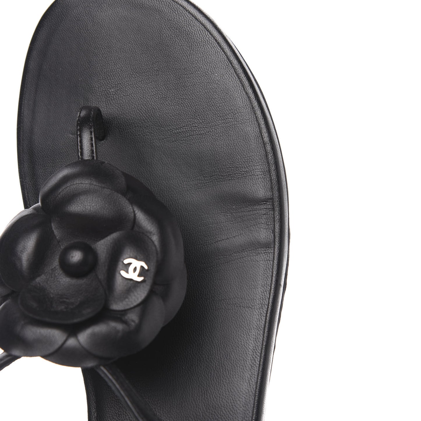 Lambskin Camellia Thong Sandals 41.5 Black
