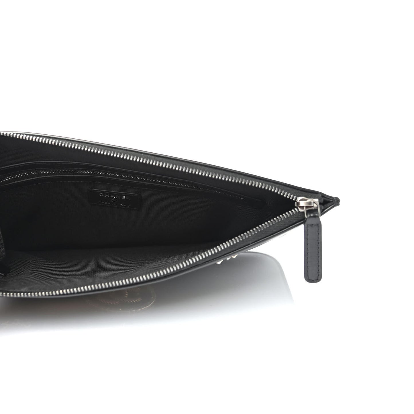 Shiny Calfskin Crystal Pearl Logo Cosmetic Case Black