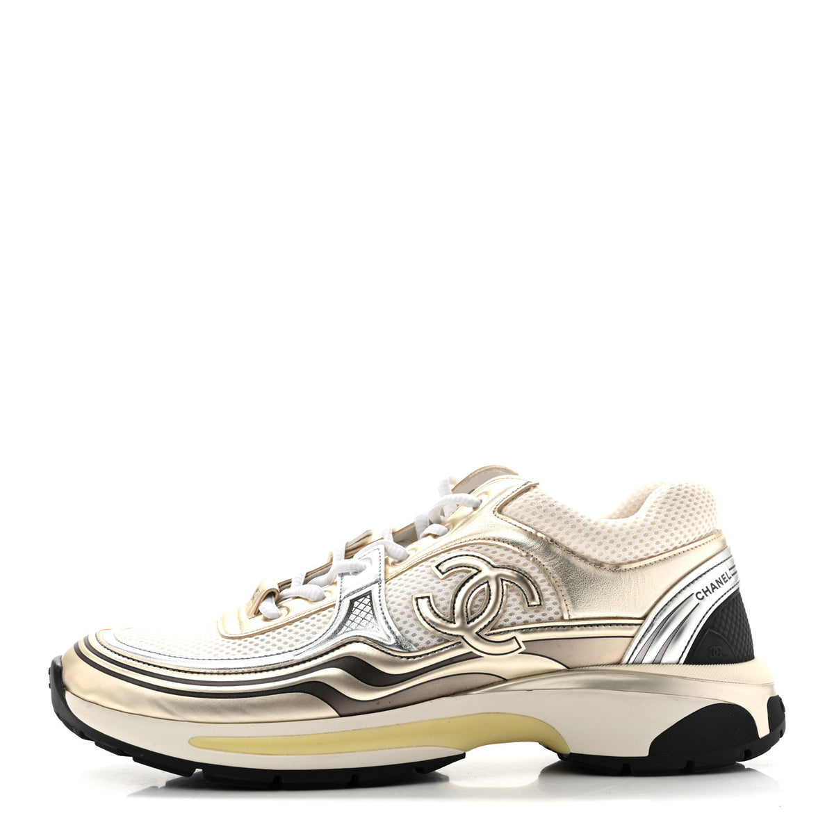 Fabric Laminated Calfskin Stretch CC Sneakers 38 41.5 White Gold Silver