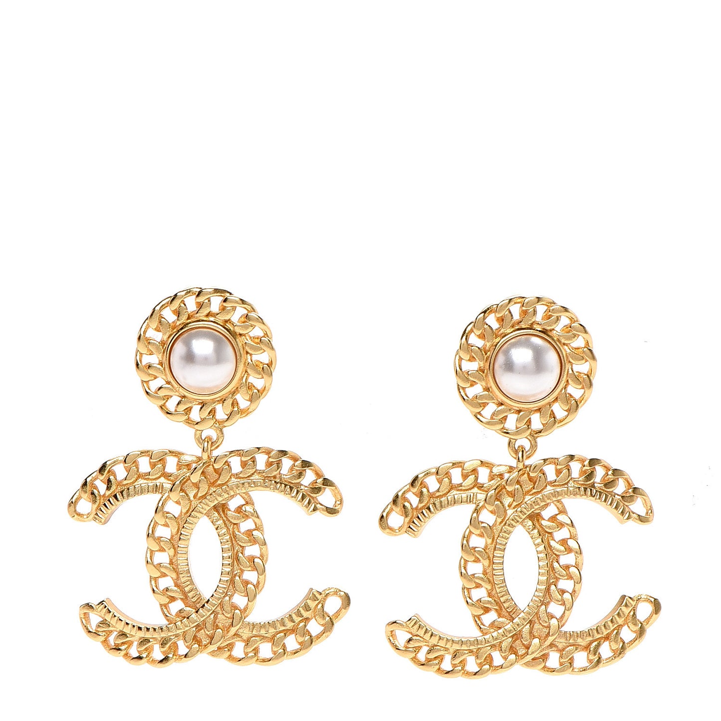 Metal Pearl CC Chain Drop Earrings Gold