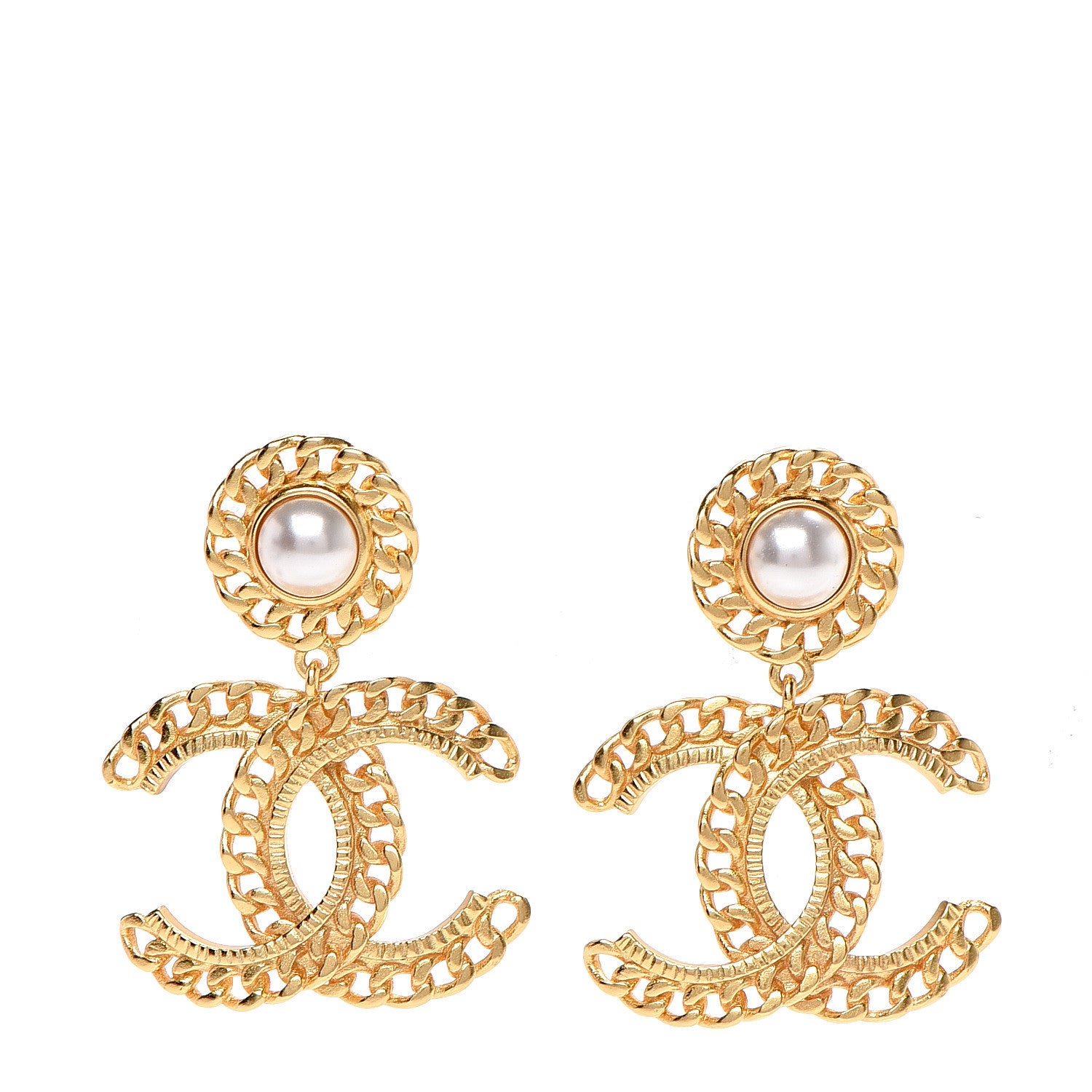 Chanel Metal Pearl CC Chain Drop Earrings Gold 1 of 4