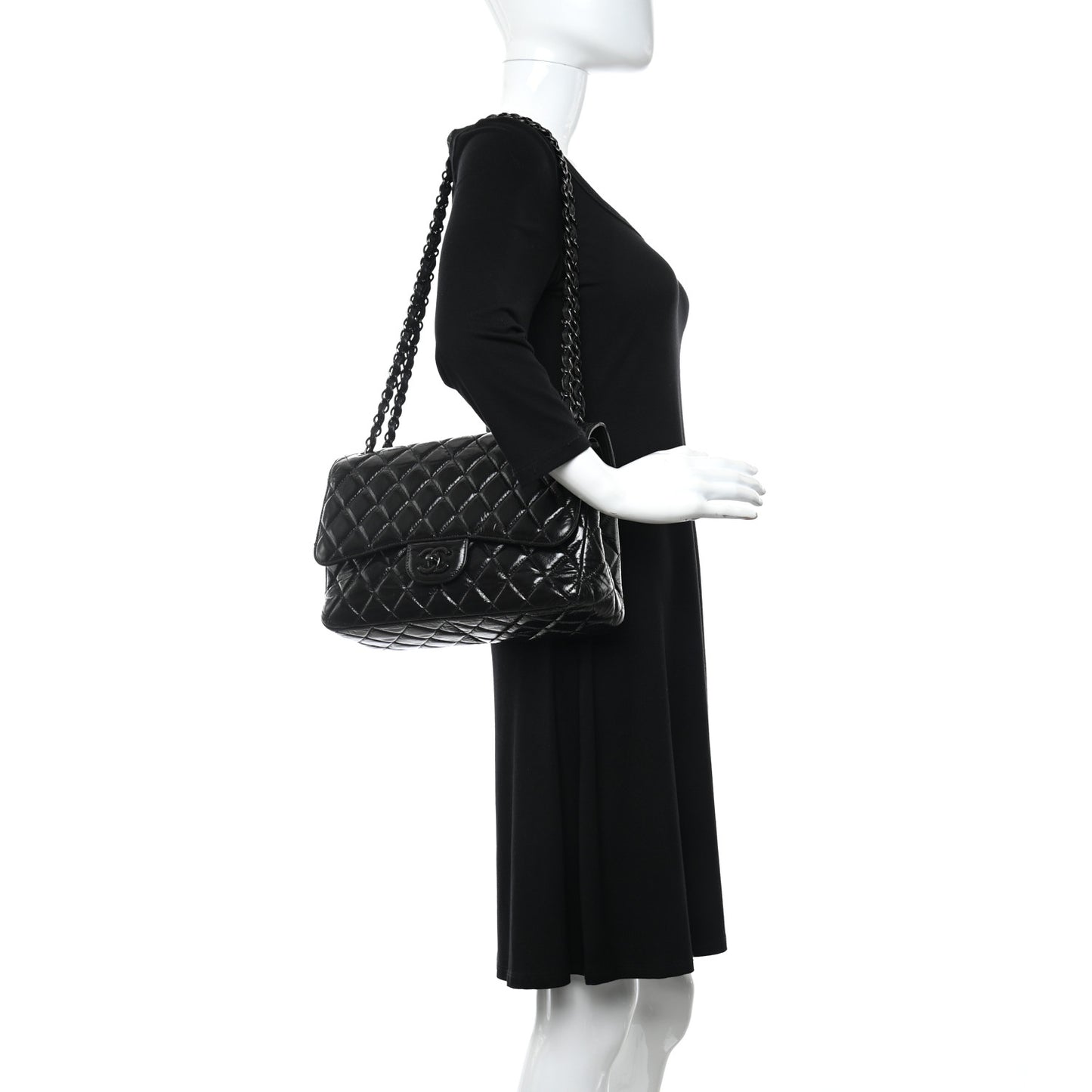 Shiny Distressed Calfskin Quilted Jumbo Double Flap So Black