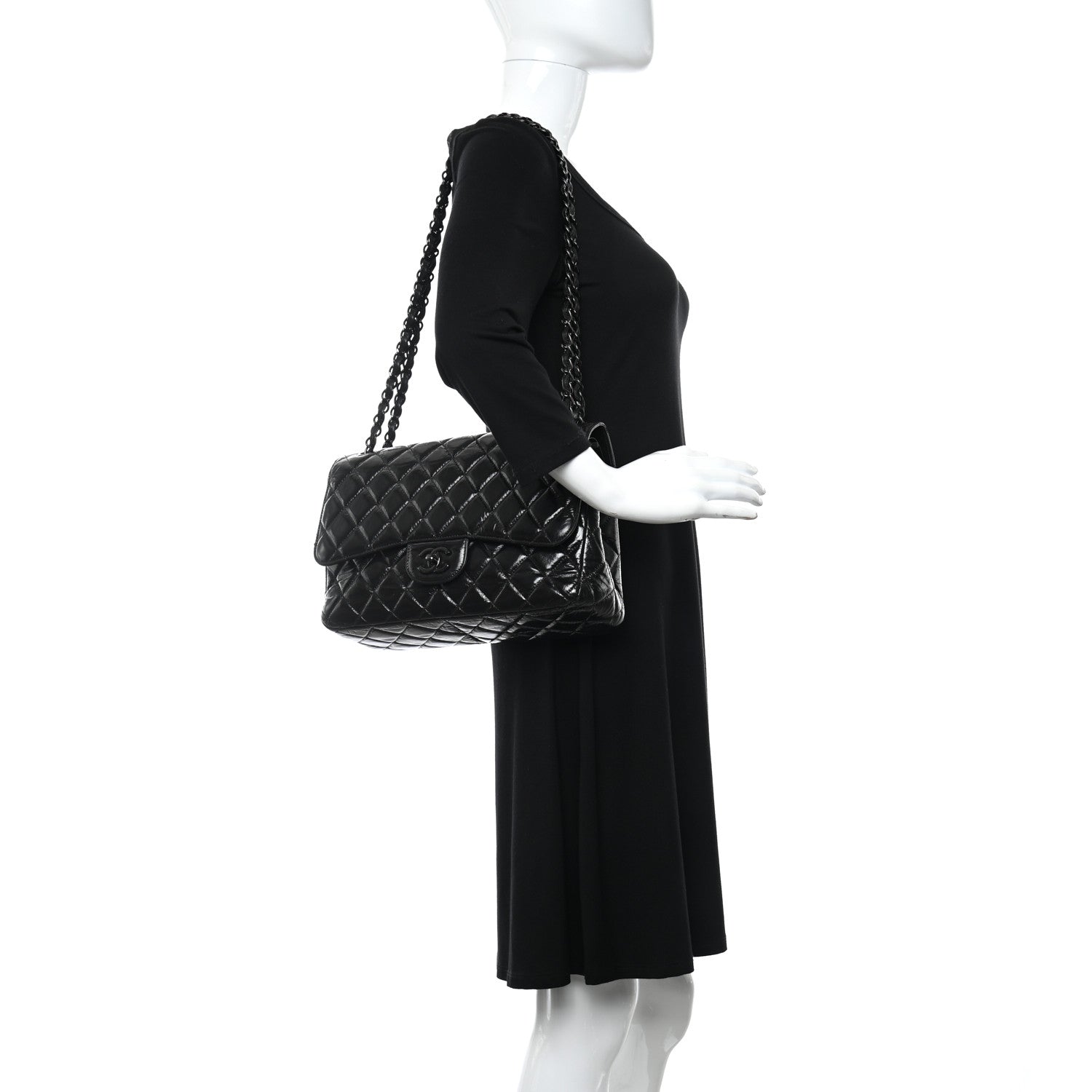 Chanel Shiny Distressed Calfskin Quilted Jumbo Double Flap So Black 2 of 11