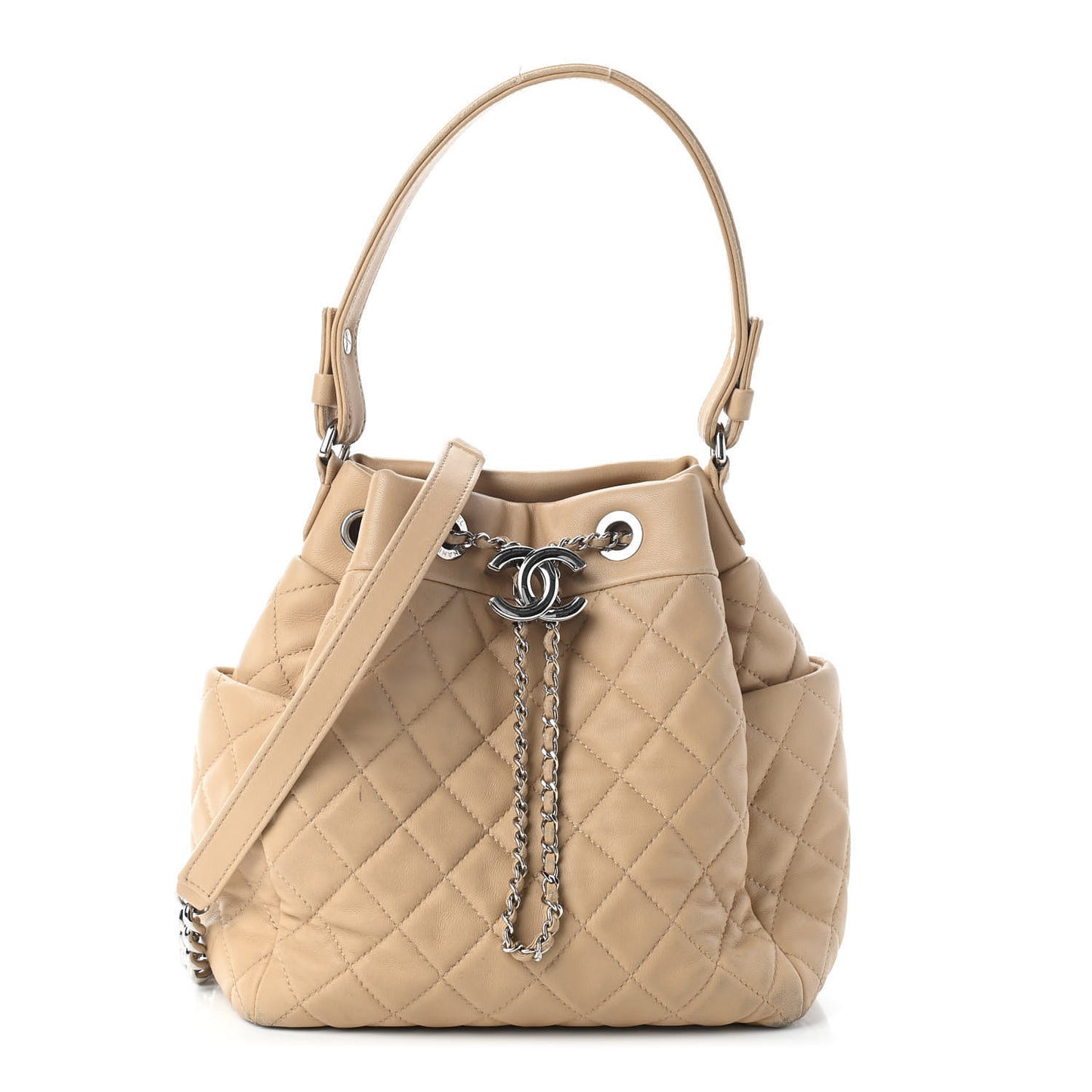 Lambskin Quilted Small CC Chain Bucket Bag Beige