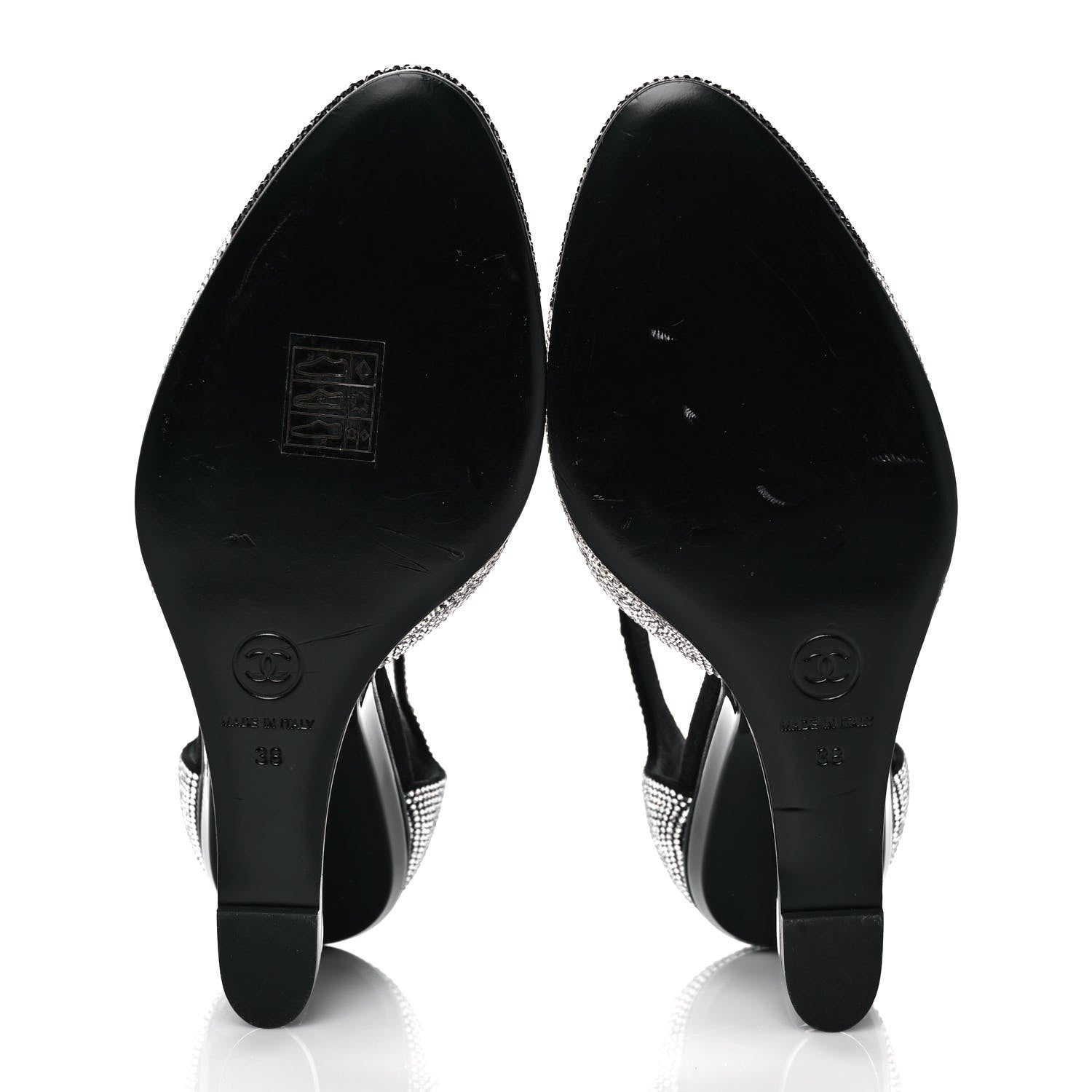 Chanel Crystal Cap Toe CC Wedge Ankle Strap Pumps 38 Silver Black