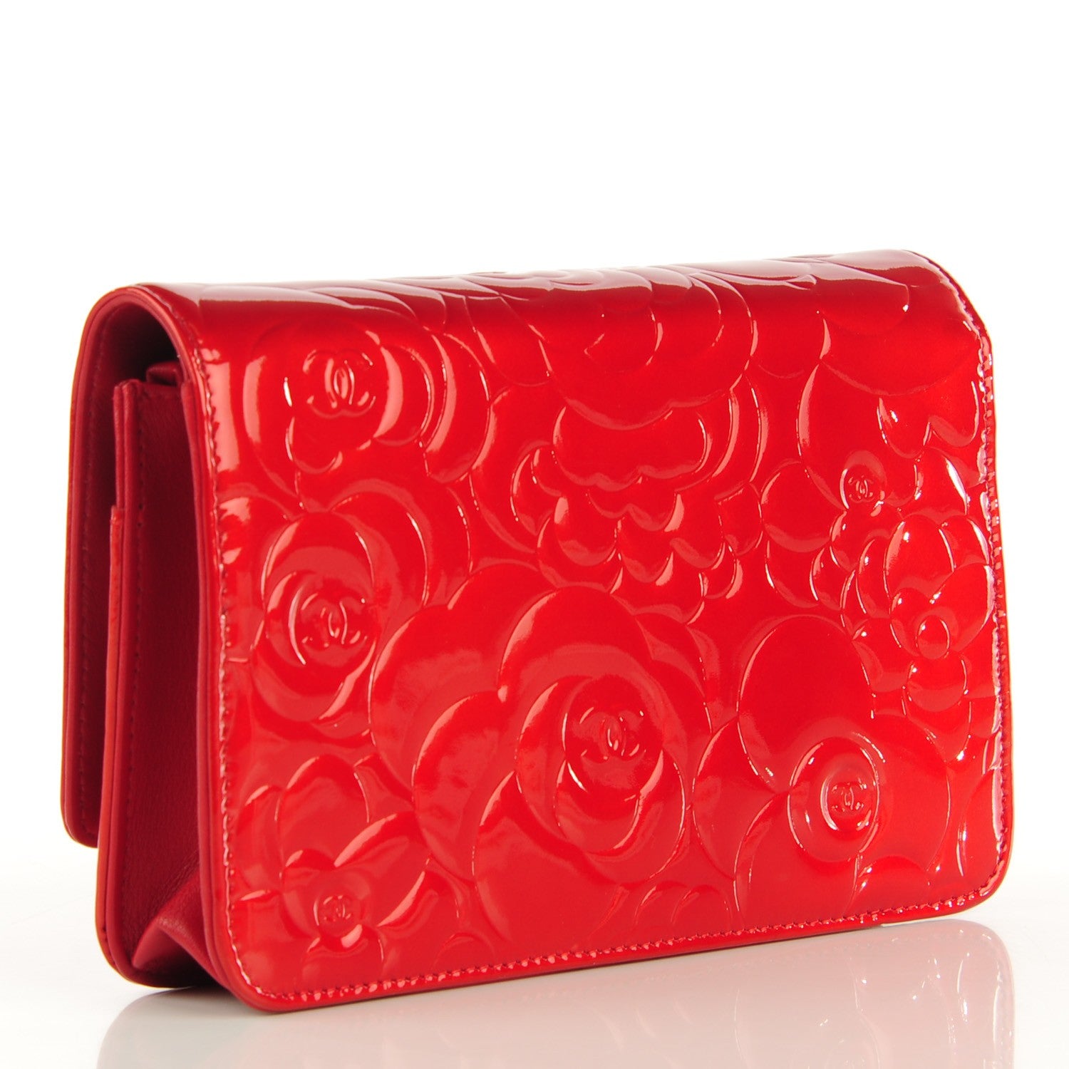 Chanel Patent Camellia Embossed Wallet On Chain WOC Dark Red 3 of 8