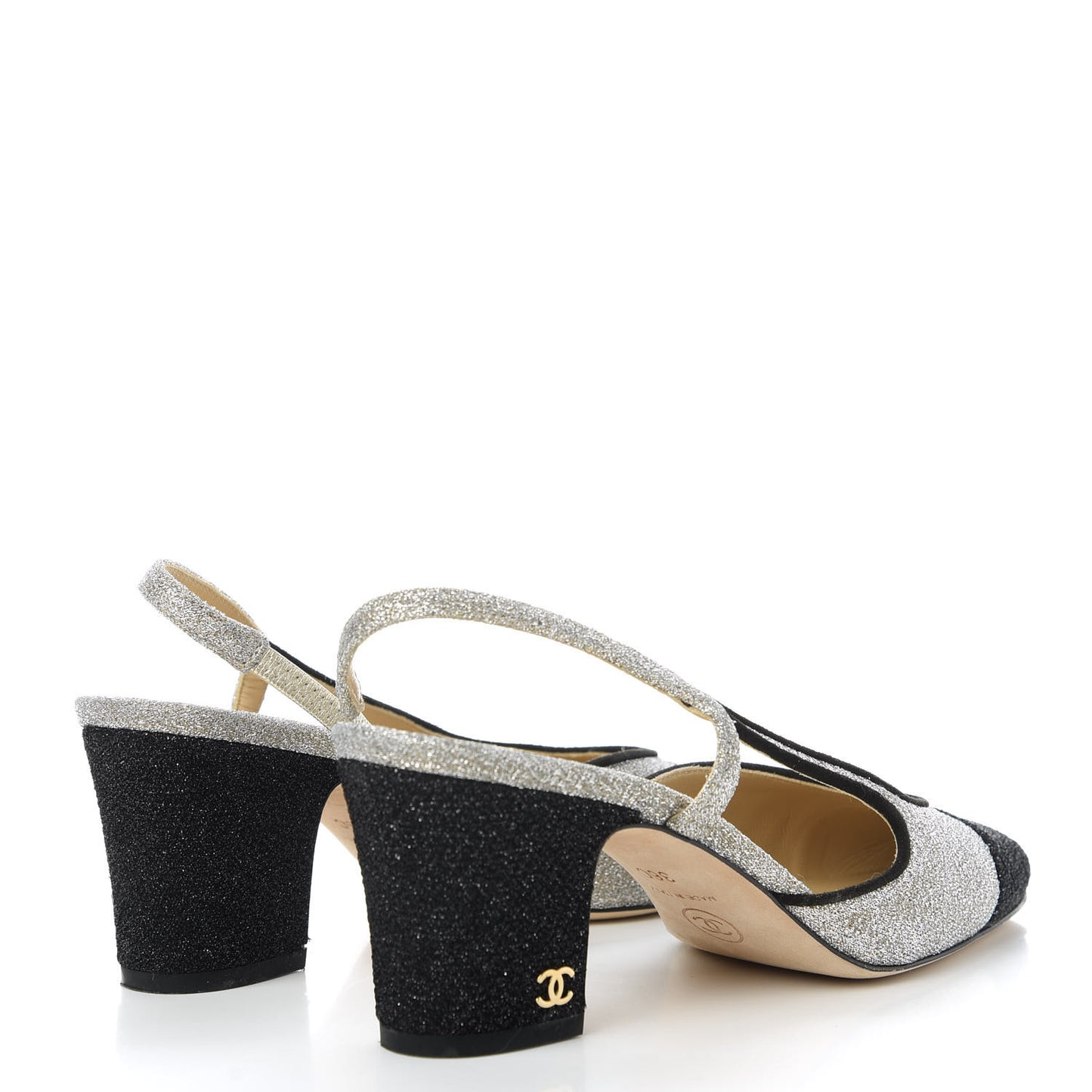 Glitter Grosgrain Cap Toe CC Slingback Pumps 36 Silver Black