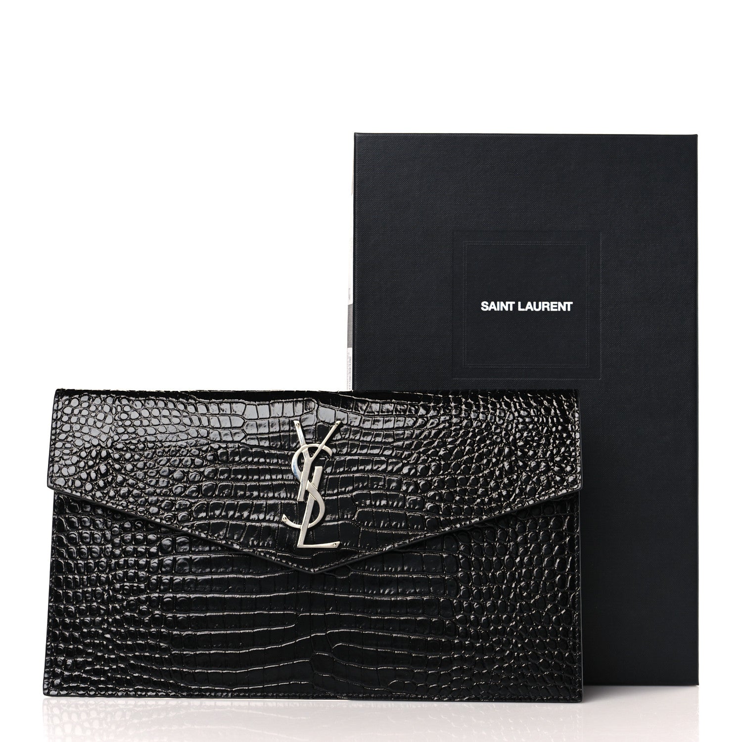 Saint Laurent Calfskin Crocodile Embossed Uptown Monogram Pouch Black 7 of 7