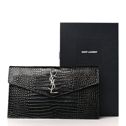 Saint Laurent Calfskin Crocodile Embossed Uptown Monogram Pouch Black 7 of 7