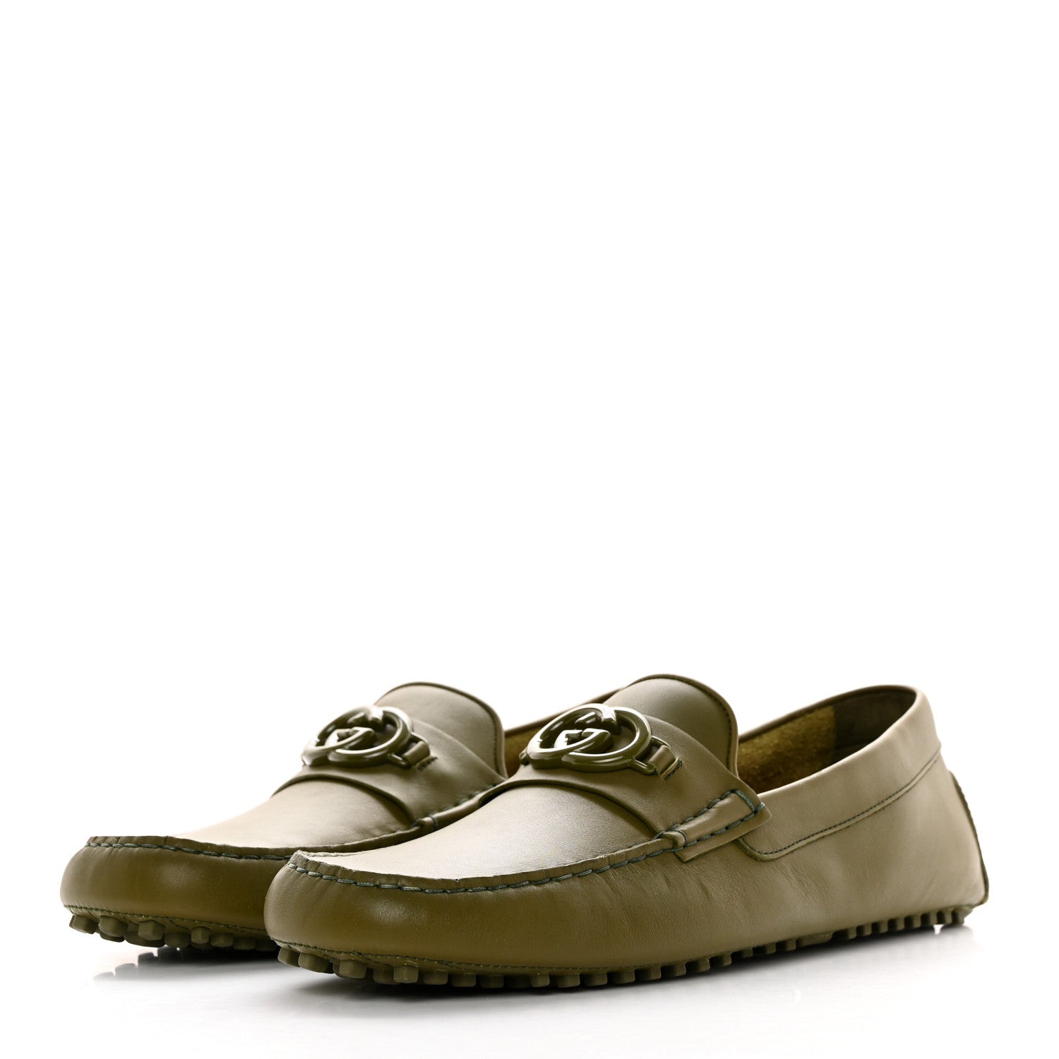 Gucci Soft Clove Calfskin Monochrome Mens Interlocking G Driver Loafers 12 Juniper Green 3 of 13