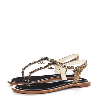Chanel Fantasy Goatskin Suede CC Chain Thong Sandals 37.5 Gold Black 3 of 9