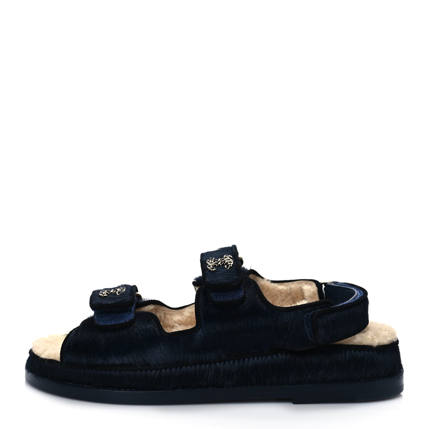 Calfskin Hair Suede Shearling Dad Sandals 37 Navy Black