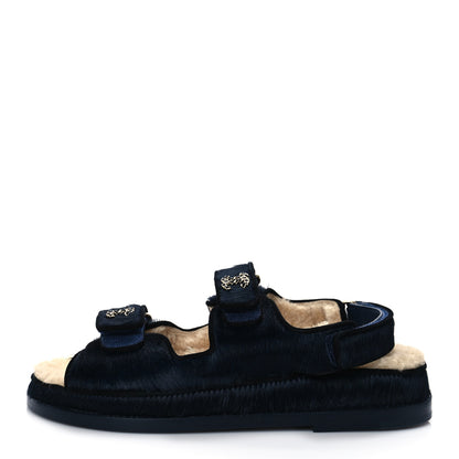 Chanel Calfskin Hair Suede Shearling Dad Sandals 37 Navy Black 1 of 9
