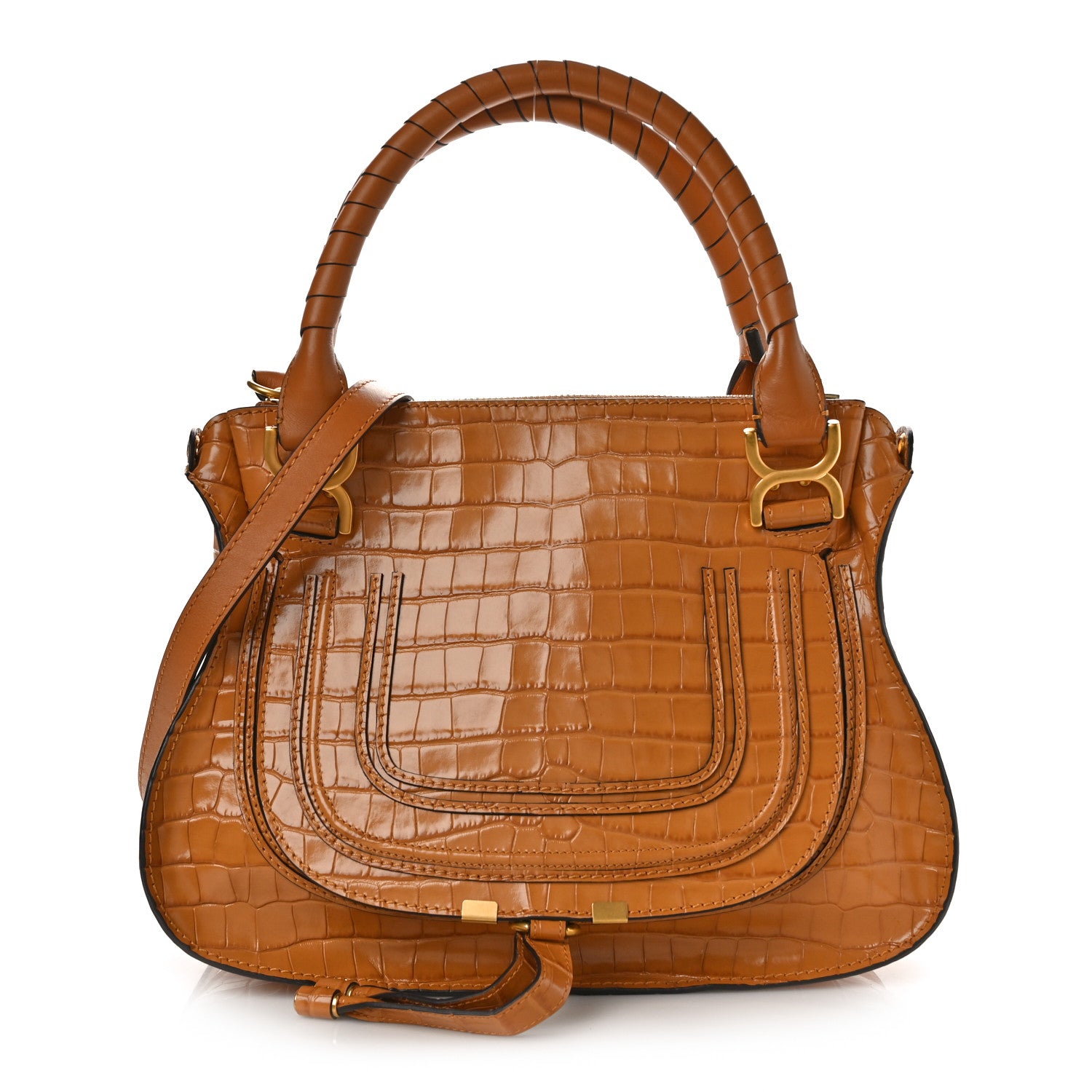 Chloe Calfskin Crocodile Embossed Small Marcie Satchel Autumnal Brown 1 of 10