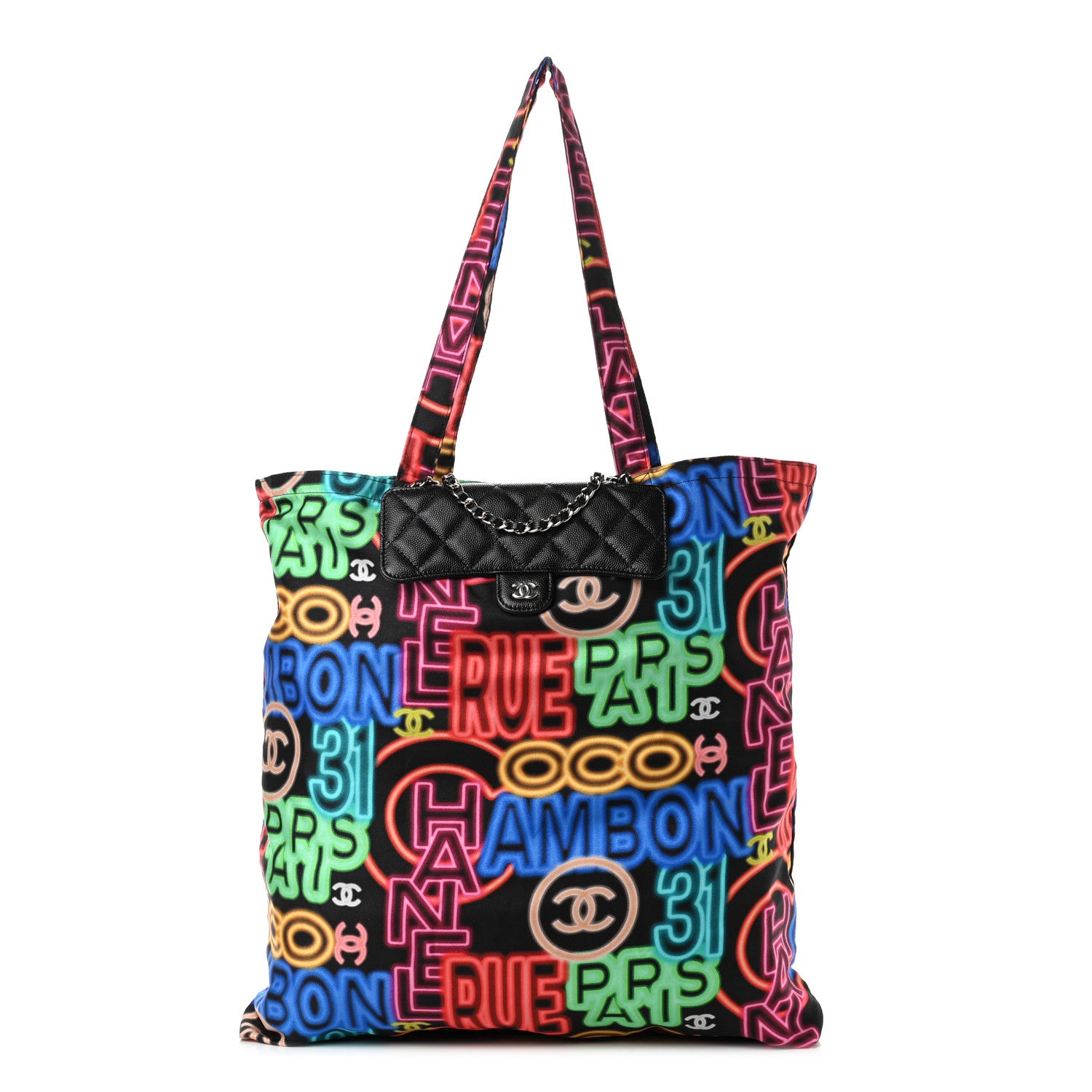 Chanel Caviar Fabric Quilted Foldable Tote With Chain Black Multicolor 2 of 11