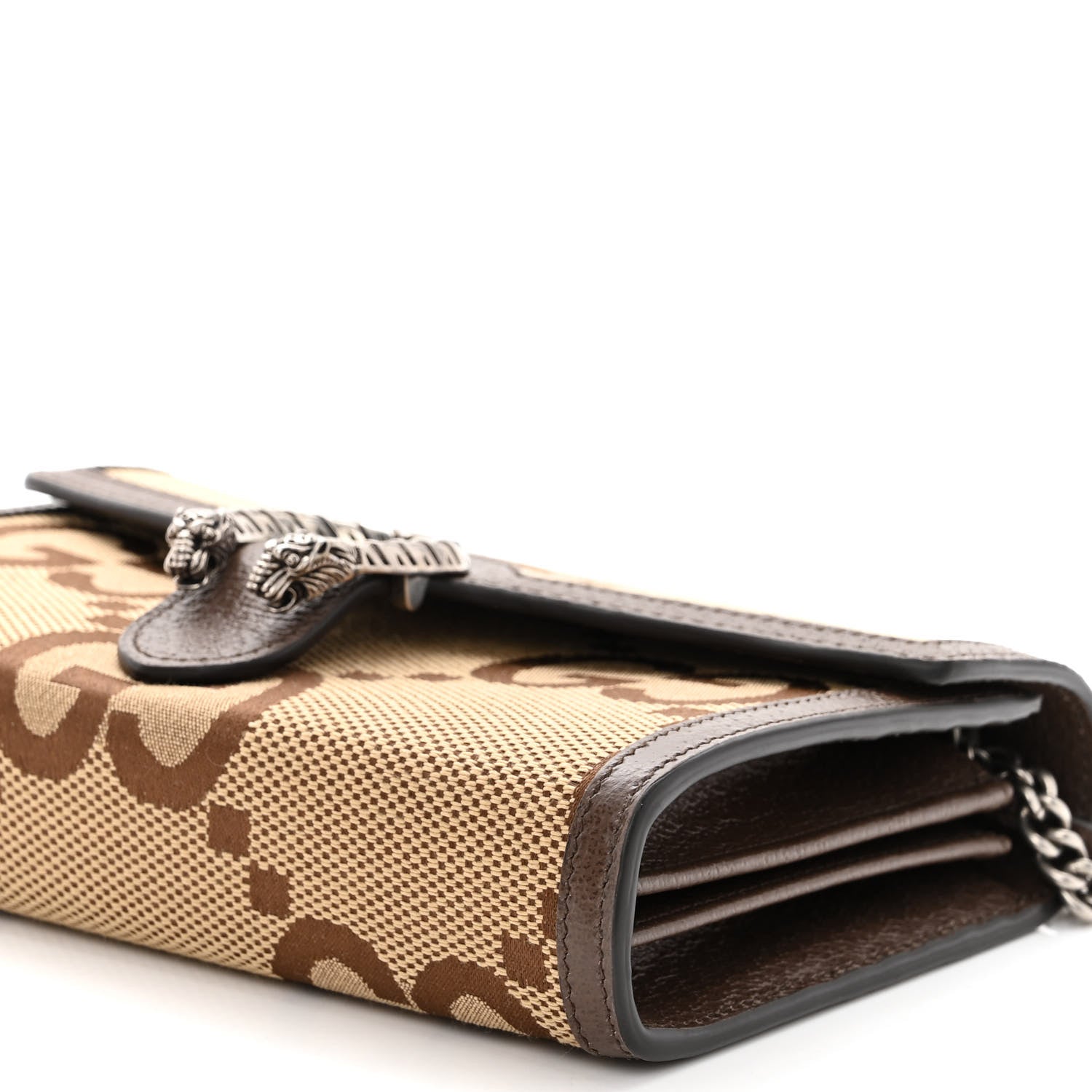 Gucci Monogram Jumbo GG Textured Dollar Calfskin Mini Dionysus Chain Wallet Camel Ebony New Acero 10 of 13