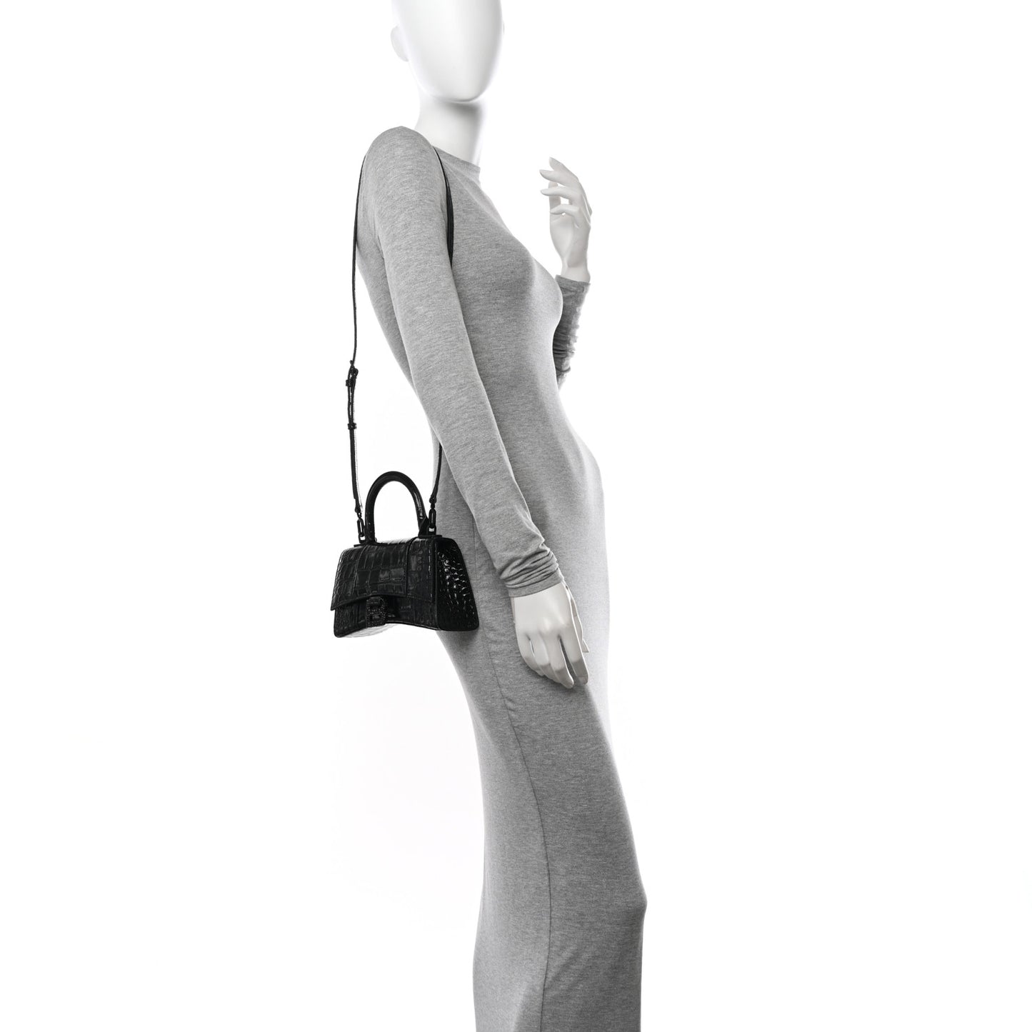 Shiny Calfskin Strass Monochrome Crocodile Embossed Hourglass Top Handle Bag XS Black