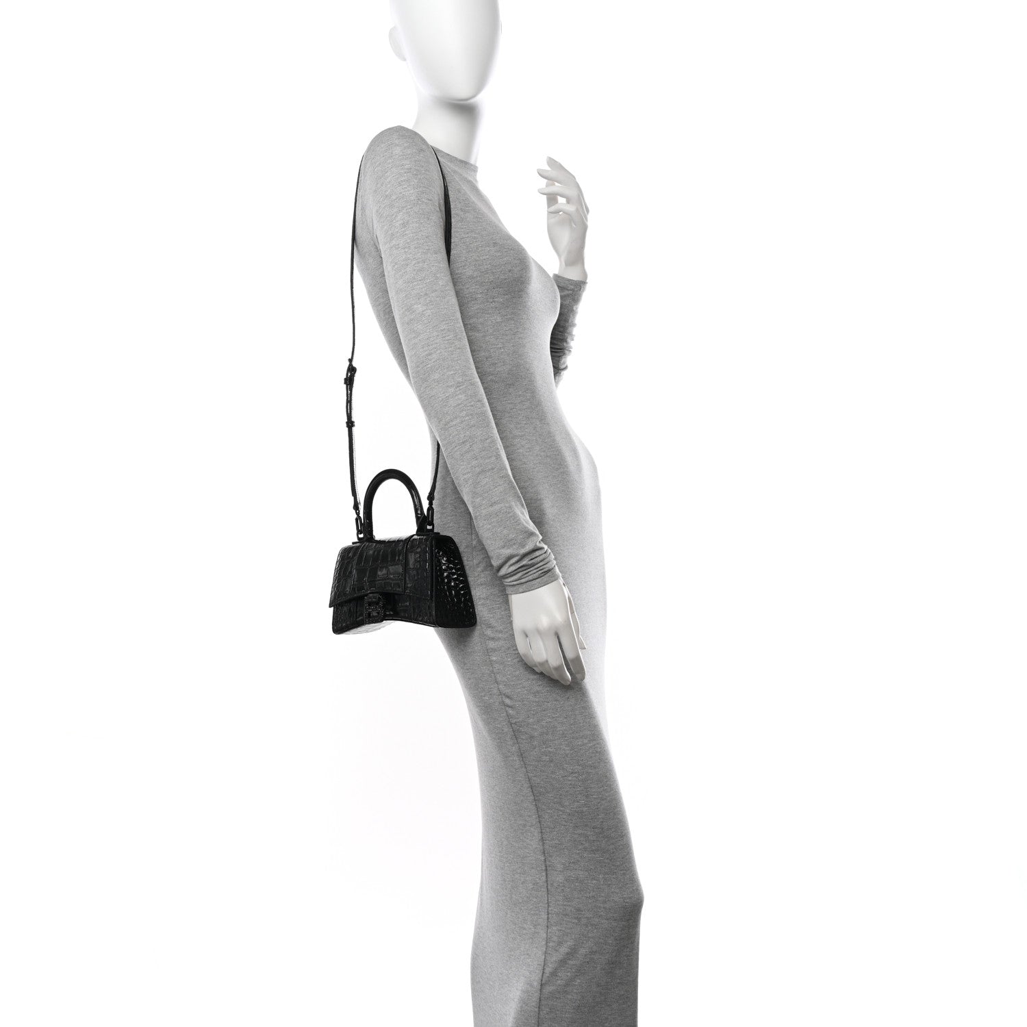 Balenciaga Shiny Calfskin Strass Monochrome Crocodile Embossed Hourglass Top Handle Bag XS Black 2 of 9
