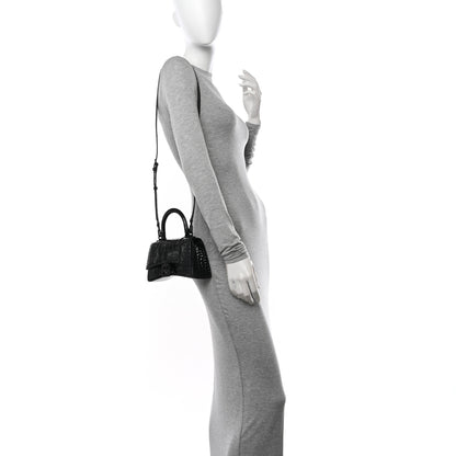 Balenciaga Shiny Calfskin Strass Monochrome Crocodile Embossed Hourglass Top Handle Bag XS Black 2 of 9