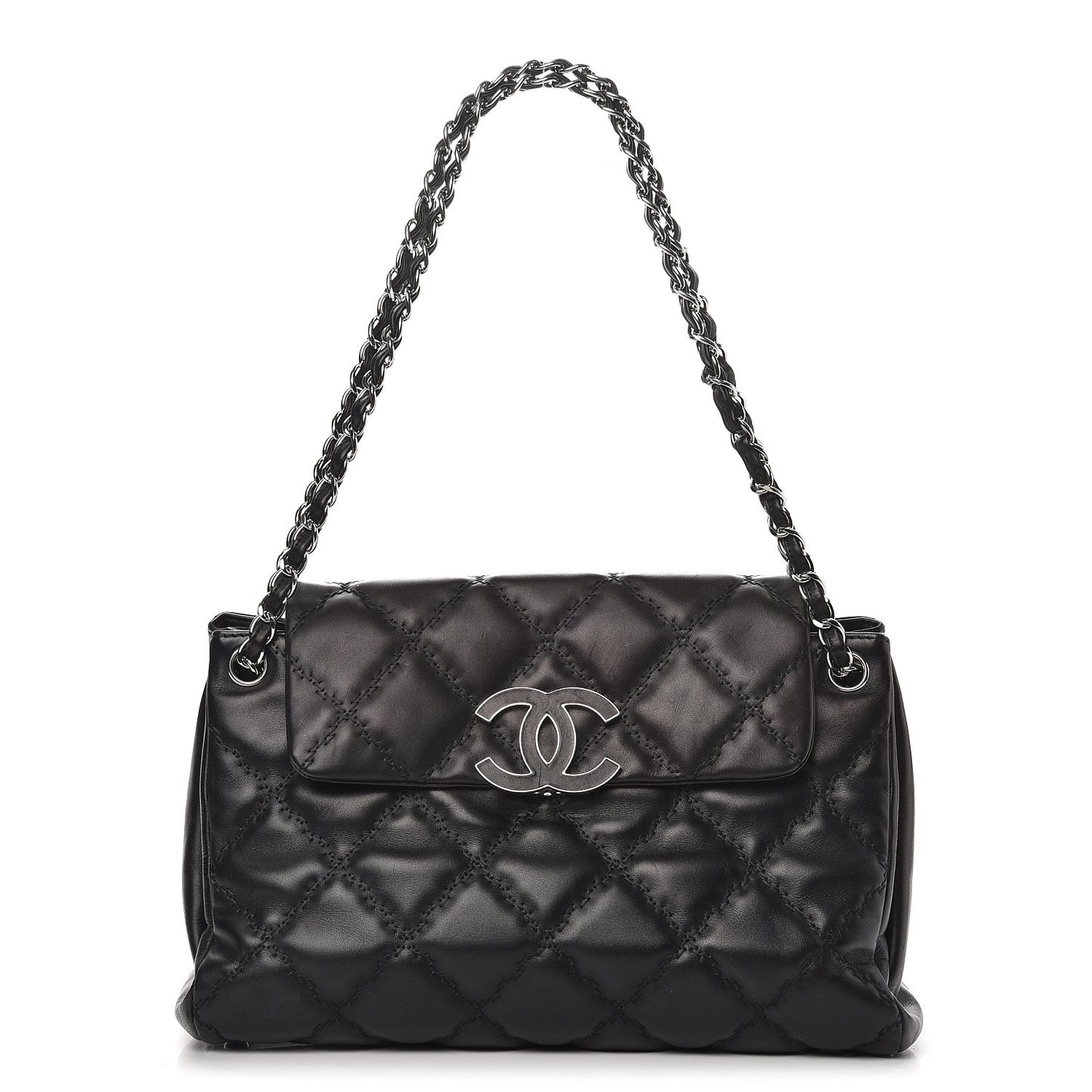 Calfskin Double Stitch Large Hamptons Flap Bag Black