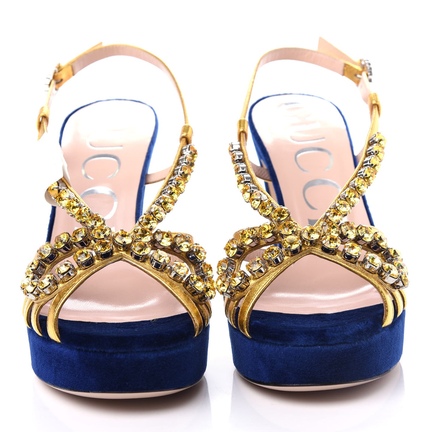 Velvet Nappa Crystal Zephyra Slingback Platform High Heel Sandals 36 Blue Gold