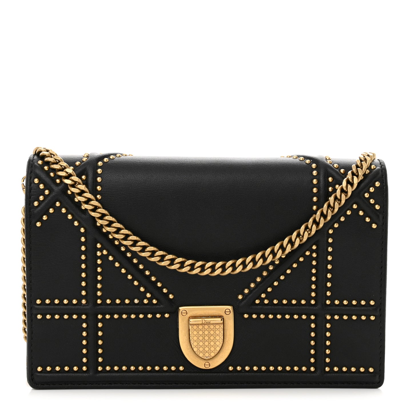 Calfskin Studded Diorama Wallet on Chain Pouch Black