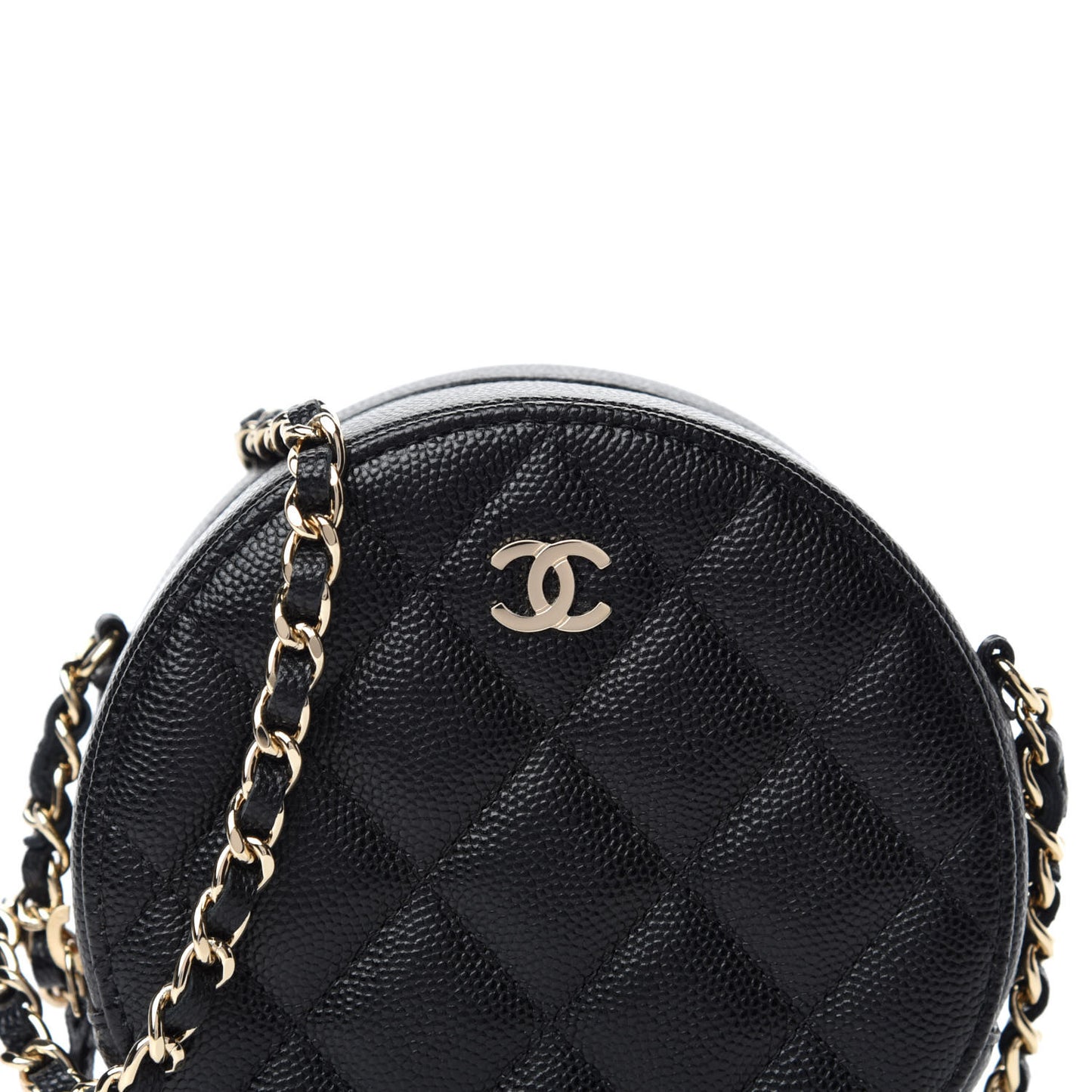 Caviar Quilted Round Clutch With Chain Black