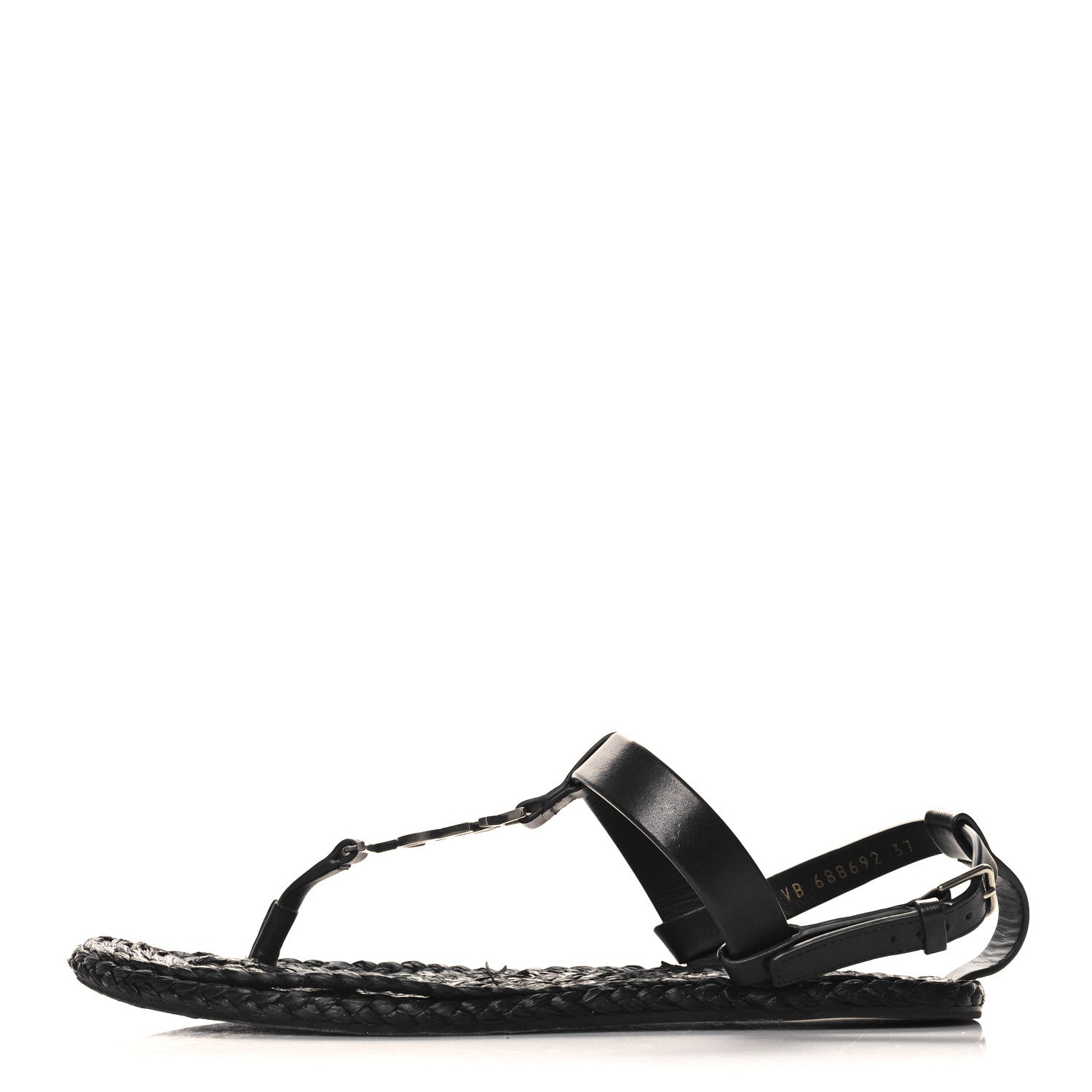 Saint Laurent Calfskin Raffia Cassandra Monogram Sandals 37 Black 1 of 10