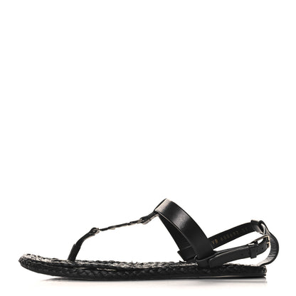 Saint Laurent Calfskin Raffia Cassandra Monogram Sandals 37 Black 1 of 10